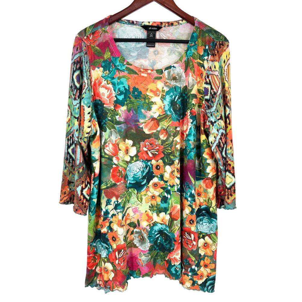 Ali Miles Plus Size 1X Vibrant Wearable Art To Wear Blouse Shirt Top Tropical